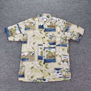 Utility Hawaiian Shirt Mens Medium Beige Floral Tropical Aloha Camp Summer Beach